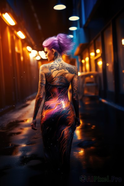 1girl,solo,short hair,dress,jewelry,standing,purple eyes,ponytail,pink hair,purple hair,ass,earrings,looking back,hair bun,from behind,blurry,bracelet,tattoo,makeup,night,blurry background,back,eyeshadow,road,street,bodypaint,updo,back tattoo,full-body tattoo,k/da (league of legends),breasts,closed eyes,nude,dark-skinned female,lips,alternate hairstyle,lipstick,walking,rain,hoop earrings,nose,narrow waist,neon lights