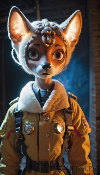 solo,looking at viewer,smile,long sleeves,1boy,animal ears,brown eyes,closed mouth,jacket,upper body,male focus,belt,artist name,blurry,coat,fur trim,mask,blurry background,goggles,furry,androgynous,1other,brown jacket,brown coat,patch,parka,1girl,necktie,uniform,fox ears,buttons,fox girl,fur collar,pocket,furry female,white fur,badge,animal nose,fox,snout,orange jacket