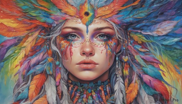 1girl,solo,long hair,looking at viewer,blue eyes,hair ornament,jewelry,closed mouth,flower,white hair,grey hair,earrings,necklace,lips,grey eyes,eyelashes,makeup,facial mark,expressionless,feathers,lipstick,portrait,eyeshadow,nose,red lips,feather hair ornament,facepaint,colorful,heart,watermark,blue background,close-up,realistic,headdress