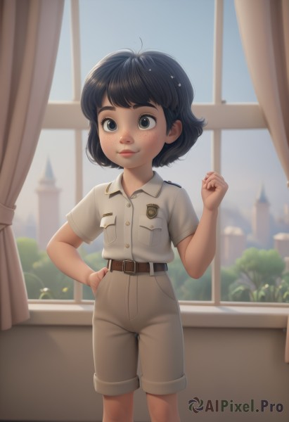 1girl,solo,looking at viewer,smile,short hair,bangs,shirt,black hair,hair ornament,closed mouth,standing,white shirt,short sleeves,shorts,day,collared shirt,belt,artist name,indoors,hand up,blurry,uniform,black eyes,hand on hip,window,buttons,blurry background,feet out of frame,thick eyebrows,curtains,clenched hand,child,androgynous,freckles,pocket,white shorts,female child,brown belt,breast pocket,male child,badge,brown shorts,blue eyes,lips,military,military uniform,epaulettes