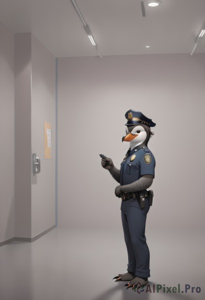 solo,shirt,gloves,1boy,hat,holding,standing,full body,weapon,short sleeves,male focus,belt,pants,indoors,uniform,gun,bird,black pants,blue shirt,furry,handgun,black belt,pen,holster,furry male,police,police uniform,penguin,policewoman,police hat,beak,clothed animal,holstered weapon,walkie-talkie,necktie,no humans,claws,door,animal focus