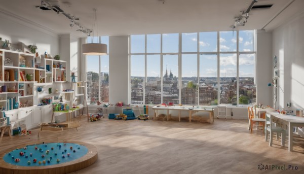 sky,day,cloud,indoors,tree,cup,blue sky,book,no humans,window,bed,chair,table,sunlight,cloudy sky,bottle,plant,curtains,building,box,scenery,couch,desk,wooden floor,city,clock,bookshelf,lamp,cityscape,computer,stool,shelf,laptop,ladder,carpet,ceiling light,reflective floor,model kit,shadow,kitchen,painting (object),refrigerator