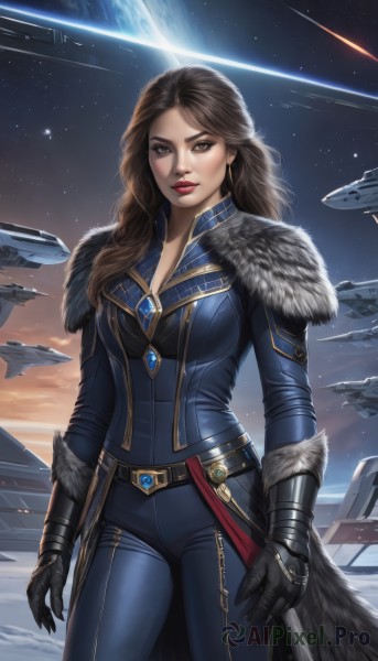 1girl,solo,long hair,breasts,looking at viewer,brown hair,gloves,cleavage,brown eyes,jewelry,medium breasts,standing,cowboy shot,earrings,sky,black gloves,belt,pants,lips,fur trim,bodysuit,makeup,lipstick,gauntlets,star (sky),starry sky,science fiction,aircraft,nose,red lips,space,planet,earth (planet),spacecraft,gem,realistic,shooting star