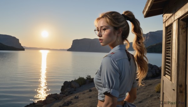 1girl,solo,long hair,breasts,looking at viewer,blue eyes,blonde hair,shirt,jewelry,white shirt,upper body,ponytail,short sleeves,earrings,outdoors,parted lips,sky,glasses,day,looking back,water,from behind,lips,ocean,beach,sunlight,scenery,black-framed eyewear,sunset,rock,mountain,realistic,nose,round eyewear,sun,tied shirt,river,brown hair,midriff,from side,crop top,eyelashes,makeup,sleeves rolled up,backlighting,hair tie,sunrise