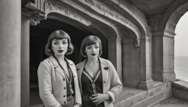 breasts,looking at viewer,short hair,bangs,multiple girls,shirt,long sleeves,2girls,cleavage,jewelry,medium breasts,standing,collarbone,jacket,monochrome,upper body,greyscale,earrings,parted lips,open clothes,belt,blunt bangs,necklace,open jacket,lips,makeup,buttons,siblings,bob cut,lipstick,pillar,arch,column,smile,open mouth,mole,hand in pocket,realistic,hands in pockets