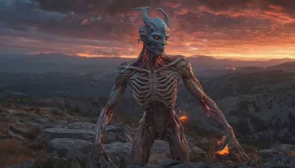 solo,red eyes,standing,outdoors,horns,sky,cloud,no humans,glowing,cloudy sky,fire,scenery,1other,science fiction,monster,mountain,giant,ribs,skeleton,extra eyes,bone,alien,mountainous horizon,embers,red sky,burning,molten rock,smoke,sunset