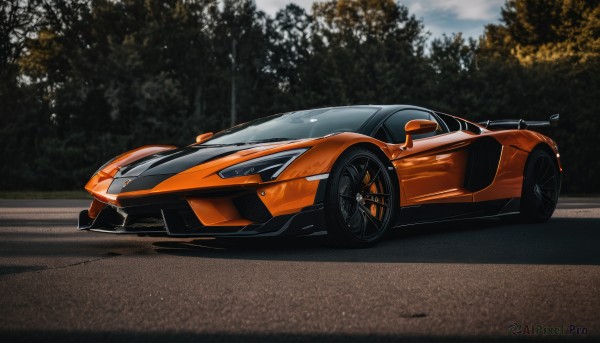 outdoors,sky,day,cloud,tree,no humans,shadow,ground vehicle,nature,motor vehicle,forest,car,road,vehicle focus,wheel,sports car,solo,from side