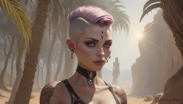 1girl,solo,breasts,looking at viewer,short hair,cleavage,jewelry,collarbone,upper body,pink hair,multicolored hair,earrings,outdoors,parted lips,solo focus,choker,tree,lips,grey eyes,tattoo,makeup,facial mark,piercing,sunlight,lipstick,ear piercing,portrait,nose,palm tree,red lips,very short hair,undercut,cyborg,mascara,standing,teeth,from behind,black choker,beach,eyeshadow,backlighting,sand,sun,eyeliner,neck tattoo,nose piercing