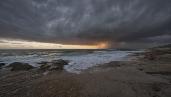 outdoors,sky,cloud,water,no humans,ocean,beach,cloudy sky,scenery,sunset,rock,sand,horizon,waves,shore