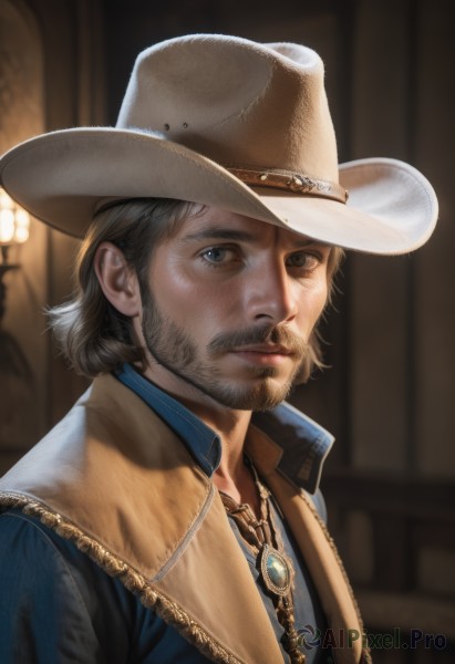 solo,looking at viewer,short hair,shirt,1boy,hat,jewelry,closed mouth,upper body,grey hair,male focus,indoors,necklace,blurry,black eyes,vest,grey eyes,blurry background,facial hair,blue shirt,portrait,beard,realistic,nose,mustache,brown headwear,cowboy hat,cowboy western,blue eyes,brown hair,brown eyes,jacket,open clothes,lips,depth of field,pendant