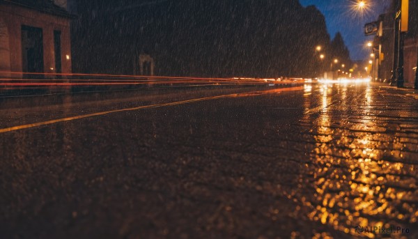 outdoors,sky,water,no humans,night,building,night sky,scenery,reflection,rain,city,sign,light,road,fireworks,bridge,power lines,lamppost,street,city lights,lights,blurry,wet,ground vehicle,water drop,dark,road sign