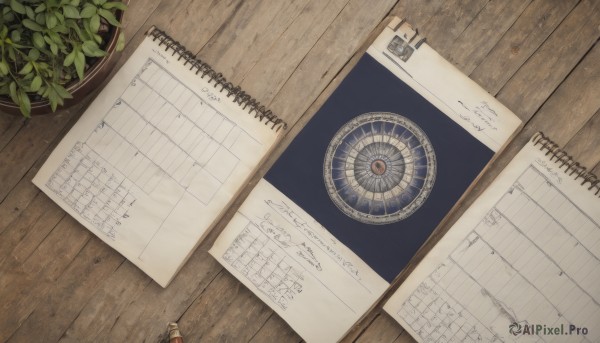 indoors,no humans,traditional media,plant,scenery,wooden floor,paper,door,pen,pencil,drawing,still life,calendar (object),marker,wooden wall,book,leaf,from above,bottle,clock,potted plant,wood