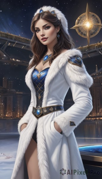 1girl,solo,long hair,breasts,looking at viewer,smile,brown hair,long sleeves,cleavage,brown eyes,jewelry,medium breasts,standing,earrings,outdoors,sky,belt,necklace,leotard,lips,coat,fur trim,makeup,night,tiara,crown,lipstick,building,gem,star (sky),night sky,snow,starry sky,gold trim,open coat,snowing,nose,hands in pockets,white coat,winter clothes,red lips,fur-trimmed coat,winter coat,bangs,hat,dress,cowboy shot,parted lips,pendant,realistic,crystal earrings