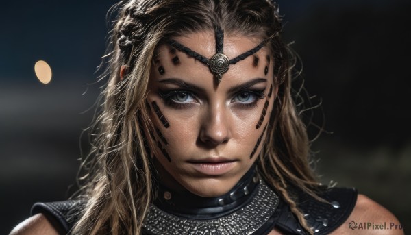 1girl,solo,long hair,looking at viewer,blue eyes,blonde hair,brown hair,closed mouth,braid,artist name,armor,blurry,lips,grey eyes,eyelashes,blurry background,moon,portrait,freckles,circlet,realistic,nose,chainmail,upper body,close-up,facepaint