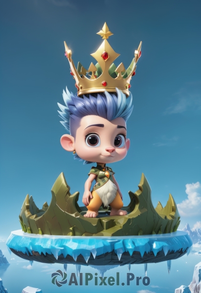 solo,looking at viewer,smile,short hair,shirt,1boy,brown eyes,jewelry,closed mouth,blue hair,standing,full body,short sleeves,male focus,earrings,outdoors,sky,barefoot,day,pants,artist name,cloud,water,chibi,black eyes,blue sky,blue background,crown,spiked hair,gem,furry,crystal,furry male,blue eyes,necklace,rock,mohawk