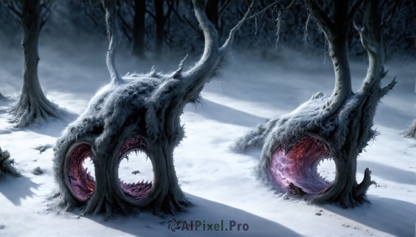 HQ,open mouth,outdoors,teeth,tongue,tree,no humans,sharp teeth,nature,scenery,snow,forest,monster,winter,bare tree,horror (theme),fog,eldritch abomination,red eyes,horns,sky,cloud,cloudy sky,mountain,dragon,antlers