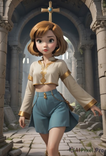 1girl,solo,looking at viewer,short hair,bangs,blue eyes,brown hair,shirt,long sleeves,closed mouth,standing,white shirt,boots,outdoors,shorts,midriff,artist name,flat chest,lips,crop top,grey eyes,feet out of frame,swept bangs,cross,child,walking,blue shorts,ruins,pillar,arch,column,breasts,navel,brown eyes,collarbone,parted lips,day,black eyes,arms at sides,stone floor