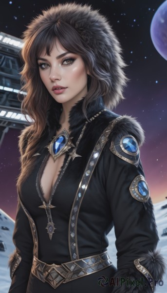 1girl,solo,long hair,breasts,looking at viewer,bangs,brown hair,black hair,long sleeves,dress,cleavage,brown eyes,jewelry,medium breasts,upper body,outdoors,parted lips,sky,belt,artist name,signature,hood,necklace,black dress,lips,coat,fur trim,eyelashes,makeup,night,watermark,moon,gem,star (sky),night sky,web address,snow,hood up,starry sky,snowing,nose,winter,jacket,building,eyeshadow,hands in pockets,fur-trimmed hood