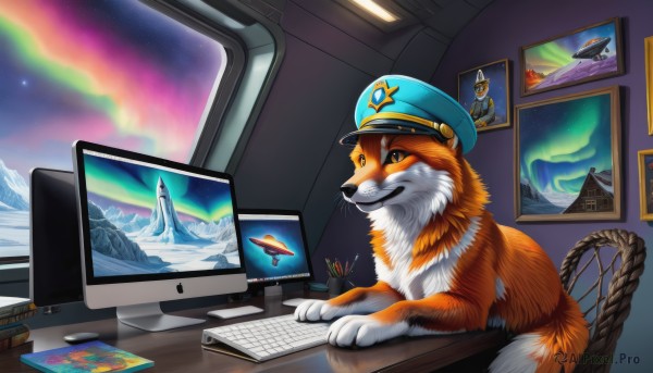 smile,hat,sitting,sky,indoors,book,no humans,animal,chair,star (sky),desk,mountain,space,computer,monitor,rainbow,planet,keyboard (computer),mount fuji,aurora,solo,night,watermark,rope,night sky,peaked cap,blue headwear,starry sky,dog,watercraft,pencil,ship,boat,stylus,mouse (computer),drawing tablet