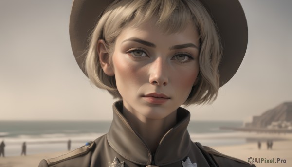 1girl,solo,looking at viewer,short hair,blonde hair,hat,brown eyes,closed mouth,outdoors,parted lips,day,blurry,uniform,lips,grey eyes,military,military uniform,blurry background,beach,portrait,freckles,realistic,nose,sand,brown headwear,cowboy hat,bangs,jacket,sky,solo focus,depth of field,thick eyebrows,grey sky