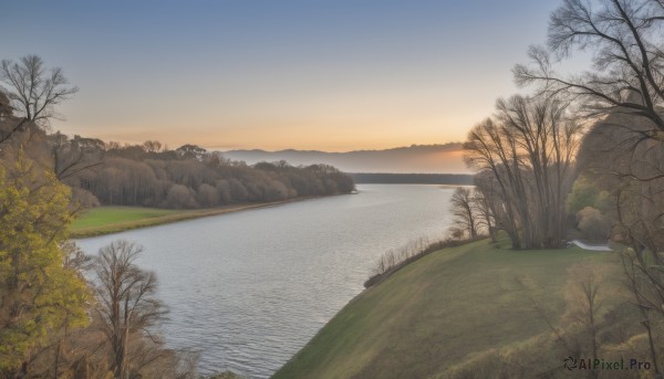 outdoors,sky,day,cloud,water,tree,blue sky,no humans,grass,nature,scenery,forest,reflection,sunset,rock,mountain,bare tree,river,landscape,lake,gradient sky,sun,horizon,sunrise