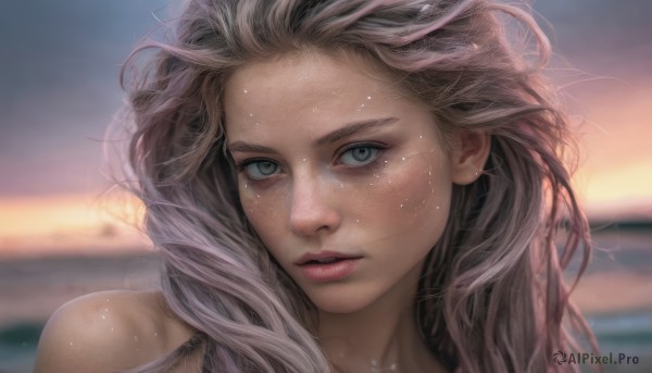 1girl,solo,long hair,looking at viewer,brown hair,closed mouth,green eyes,grey hair,outdoors,parted lips,sky,water,blurry,lips,wet,grey eyes,eyelashes,depth of field,blurry background,ocean,messy hair,portrait,close-up,freckles,sunset,realistic,nose,blue eyes,bare shoulders,sweat,floating hair,wind