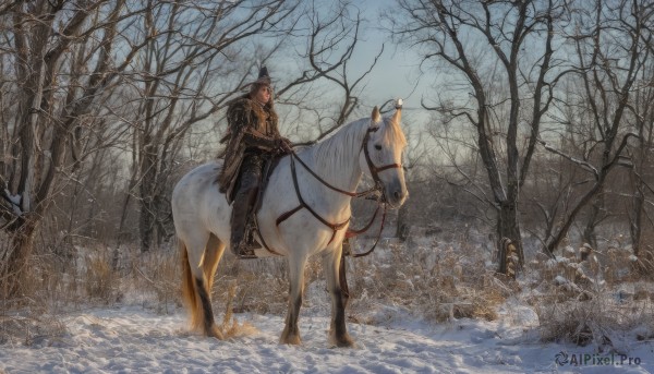 solo,1boy,weapon,male focus,outdoors,cape,armor,tree,animal,helmet,nature,scenery,cloak,snow,forest,snowing,riding,winter,horse,bare tree,horseback riding,reins,saddle,1girl,long hair,black hair,holding,closed mouth,boots,sky,day,pants,black pants,brown pants,wide shot