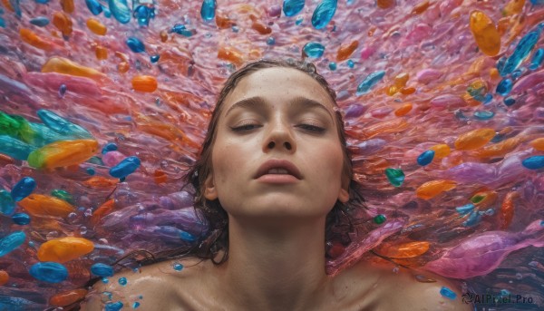 1girl, solo, long hair, looking at viewer, brown hair, upper body, parted lips, teeth, water, lips, portrait, freckles, fish, realistic, afloat