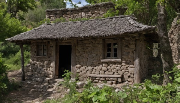 outdoors,sky,day,cloud,tree,no humans,window,traditional media,grass,plant,building,nature,scenery,forest,rock,stairs,door,bush,wall,architecture,ruins,house,east asian architecture,moss,stone,stone wall,blue sky,leaf