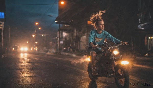 1girl,solo,long hair,brown hair,shirt,brown eyes,sitting,ponytail,outdoors,shoes,shorts,dark skin,blurry,dark-skinned female,night,floating hair,depth of field,blurry background,sandals,blue shirt,denim,ground vehicle,wind,t-shirt,building,motor vehicle,reflection,city,realistic,road,riding,dark,motorcycle,lamppost,street,bicycle,city lights,black hair,jewelry,sky,night sky,rain,sign,sleeves pushed up,photo background