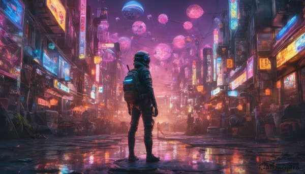 standing, outdoors, sky, bag, from behind, dutch angle, night, moon, backpack, helmet, building, scenery, reflection, science fiction, city, sign, road, cityscape, street, ambiguous gender, cyberpunk, neon lights