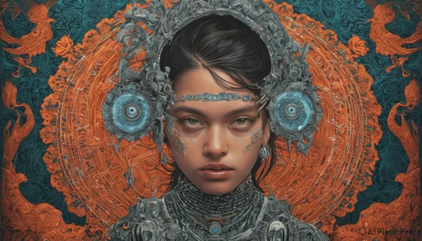 1girl,solo,looking at viewer,black hair,brown eyes,jewelry,upper body,earrings,parted lips,dark skin,black eyes,dark-skinned female,lips,expressionless,portrait,science fiction,realistic,abstract,short hair,hair ornament,closed mouth,grey eyes,headdress