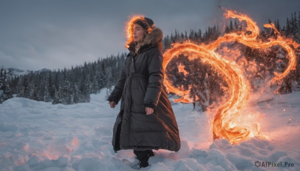 1girl, solo, looking at viewer, long sleeves, standing, boots, outdoors, sky, hood, tree, coat, fur trim, fire, nature, snow, forest, winter