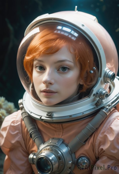 1girl,solo,looking at viewer,short hair,brown hair,closed mouth,green eyes,upper body,orange hair,blurry,lips,blurry background,helmet,freckles,realistic,nose,space,spacesuit,space helmet,astronaut,bangs,blue eyes,parted lips,eyelashes,portrait,reflection,science fiction