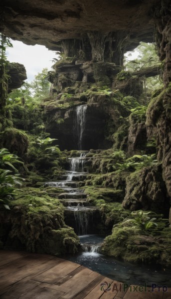 outdoors,day,water,tree,no humans,sunlight,plant,nature,scenery,forest,rock,ruins,bridge,river,waterfall,landscape,cliff,moss,stream