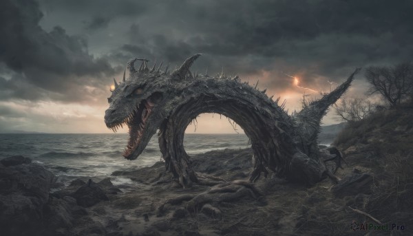 open mouth,outdoors,sky,teeth,cloud,water,tree,no humans,ocean,cloudy sky,fire,sharp teeth,scenery,monster,horizon,ruins