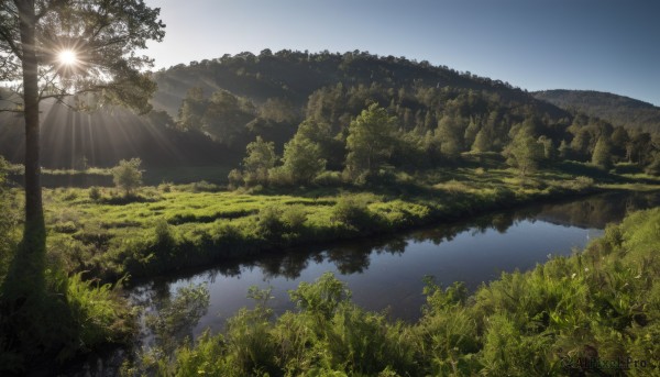 outdoors,sky,day,cloud,water,tree,blue sky,no humans,sunlight,grass,plant,nature,scenery,forest,reflection,mountain,sun,river,landscape,lake,light rays,reflective water