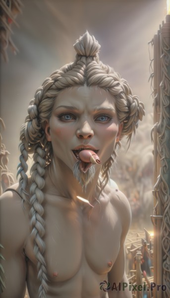 1girl,solo,long hair,breasts,looking at viewer,open mouth,blue eyes,blonde hair,1boy,jewelry,nipples,collarbone,upper body,braid,white hair,male focus,nude,earrings,small breasts,teeth,solo focus,tongue,tongue out,blurry,twin braids,lips,saliva,facial hair,piercing,sunlight,beard,realistic,nose,nipple piercing,long tongue,nipple rings,tongue piercing,forked tongue,multiple braids,multicolored hair,makeup,blurry background,facial mark,candle,facepaint,pill,nose piercing,drugs