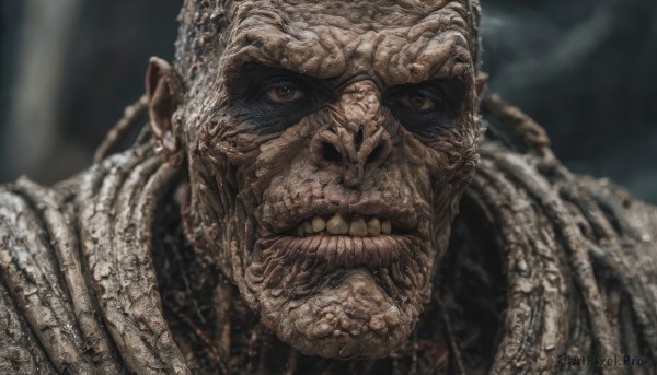 solo,looking at viewer,1boy,upper body,male focus,teeth,water,blurry,no humans,blurry background,portrait,monster,realistic,alien,horror (theme),brown eyes,jewelry,earrings,pointy ears,armor,clenched teeth,close-up