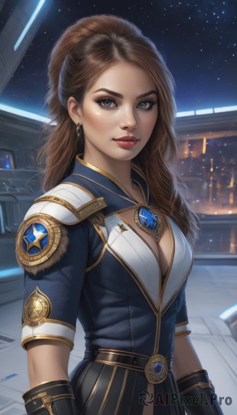 1girl,solo,long hair,breasts,looking at viewer,blue eyes,brown hair,gloves,cleavage,brown eyes,jewelry,medium breasts,upper body,short sleeves,earrings,parted lips,sky,belt,necklace,lips,grey eyes,makeup,night,lipstick,building,gem,star (sky),night sky,starry sky,realistic,nose,red lips,outdoors,eyeshadow