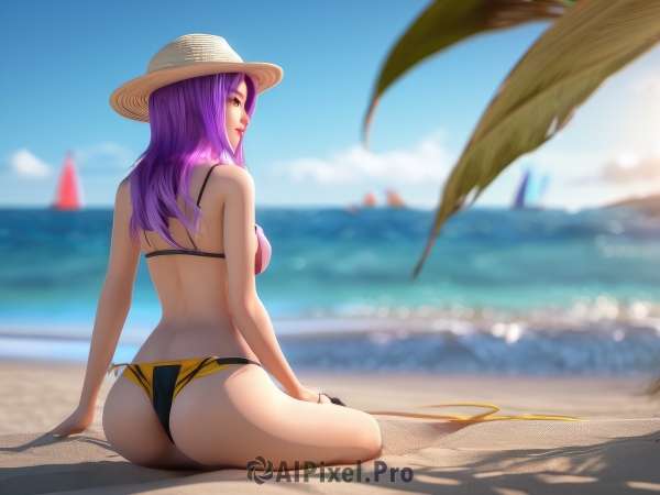 1girl,solo,long hair,breasts,looking at viewer,smile,large breasts,red eyes,hat,bare shoulders,brown eyes,jewelry,medium breasts,sitting,closed mouth,swimsuit,full body,purple hair,ass,bikini,outdoors,sky,day,looking back,artist name,cloud,signature,water,from behind,blurry,bracelet,tree,blue sky,lips,bare arms,profile,makeup,depth of field,blurry background,shadow,black bikini,side-tie bikini bottom,ocean,arm support,back,beach,lipstick,sun hat,realistic,nose,sand,palm tree,straw hat,yokozuwari,red lips,yellow bikini,watercraft,boat,mismatched bikini,purple eyes,horizon,summer