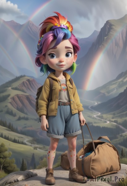 1girl,solo,looking at viewer,blush,smile,short hair,shirt,hair ornament,long sleeves,holding,closed mouth,standing,jacket,full body,white shirt,ponytail,pink hair,purple hair,multicolored hair,boots,outdoors,green hair,open clothes,sky,shoes,shorts,day,socks,belt,cloud,bag,black eyes,two-tone hair,open jacket,tree,blue sky,lips,grey eyes,gradient hair,brown footwear,thick eyebrows,backpack,cloudy sky,grass,denim,child,nature,freckles,blue shorts,denim shorts,brown jacket,mountain,female child,brown belt,yellow jacket,rainbow,brown bag,rainbow hair,blue eyes,blue hair,artist name,hood,watermark,sunlight,high ponytail,rock,dirty,food print,dirty clothes