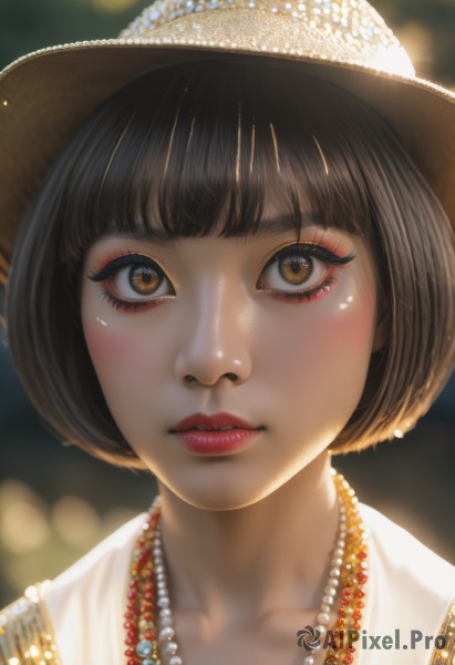 1girl,solo,looking at viewer,short hair,bangs,brown hair,black hair,hat,brown eyes,jewelry,collarbone,parted lips,shiny,blunt bangs,necklace,blurry,lips,eyelashes,makeup,depth of field,blurry background,bob cut,lipstick,portrait,close-up,eyeshadow,beads,sun hat,realistic,nose,brown headwear,straw hat,red lips,eyeliner,bead necklace,bokeh,pearl necklace,mascara,blush