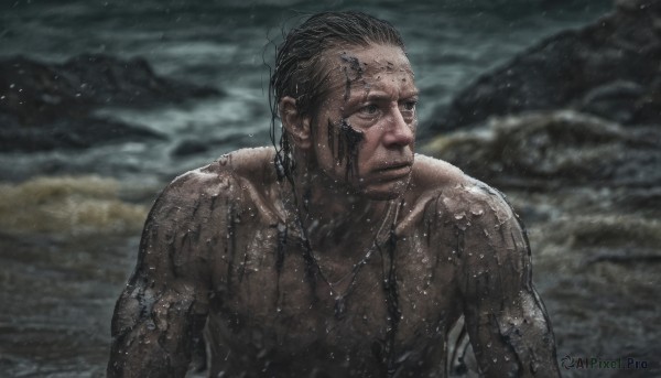 solo,brown hair,black hair,1boy,brown eyes,jewelry,closed mouth,upper body,male focus,outdoors,dark skin,water,necklace,blurry,black eyes,wet,looking to the side,muscular,blurry background,facial hair,ocean,beach,dark-skinned male,rock,realistic,wet hair,manly,dreadlocks,short hair,looking away,muscular male,beard,topless male,waves