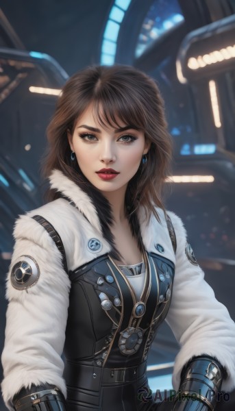 1girl,solo,long hair,breasts,looking at viewer,brown hair,gloves,long sleeves,brown eyes,jewelry,sitting,upper body,earrings,parted lips,medium hair,blurry,lips,coat,fur trim,makeup,blurry background,thick eyebrows,lipstick,eyeshadow,science fiction,realistic,nose,red lips,bangs,shirt,black hair,medium breasts,jacket,teeth,belt,artist name,necklace,eyelashes,depth of field,pendant,fur collar,emblem,badge