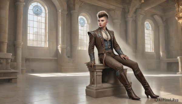 1girl,solo,short hair,brown hair,shirt,black hair,long sleeves,1boy,brown eyes,jewelry,sitting,jacket,full body,male focus,earrings,boots,open clothes,necktie,belt,pants,indoors,necklace,vest,high heels,lips,window,makeup,shadow,brown footwear,sunlight,knee boots,high heel boots,brown jacket,light rays,realistic,leather,brown pants,pillar,statue,leather jacket,church,arch,reflective floor,steampunk,leather boots,breasts,blue eyes,gloves,medium breasts,fingerless gloves,ring,lipstick,very short hair