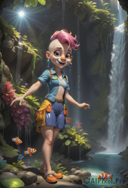 1girl,solo,breasts,looking at viewer,smile,short hair,open mouth,shirt,navel,brown eyes,jewelry,standing,jacket,full body,pink hair,short sleeves,:d,earrings,small breasts,outdoors,open clothes,shoes,shorts,teeth,midriff,belt,artist name,dark skin,water,bag,open jacket,makeup,leaf,upper teeth only,blush stickers,sunlight,thick eyebrows,blue shirt,lipstick,blue jacket,fish,walking,blue shorts,pouch,light rays,rock,brown belt,facepaint,very short hair,sunbeam,waterfall,flower,orange eyes,facial mark,sandals,freckles,coral,clownfish