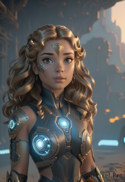 1girl,solo,long hair,breasts,looking at viewer,blonde hair,brown hair,bare shoulders,brown eyes,jewelry,medium breasts,upper body,earrings,parted lips,sleeveless,artist name,dark skin,armor,blurry,dark-skinned female,lips,bodysuit,blurry background,glowing,wavy hair,freckles,science fiction,curly hair,nose,arms at sides,cyborg,green eyes,small breasts,teeth,eyelashes,headgear,heterochromia,backlighting,realistic