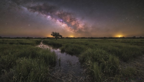 outdoors,sky,cloud,water,tree,no humans,night,grass,ground vehicle,star (sky),nature,night sky,scenery,starry sky,reflection,sunset,field,landscape,horizon,road,milky way