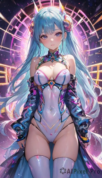 1girl,solo,long hair,breasts,looking at viewer,blush,bangs,blue eyes,hair ornament,thighhighs,long sleeves,cleavage,bare shoulders,jewelry,medium breasts,very long hair,closed mouth,blue hair,standing,purple eyes,flower,thighs,cowboy shot,earrings,detached sleeves,hair flower,white thighhighs,leotard,groin,clothing cutout,covered navel,skindentation,cameltoe,headgear,highleg,ass visible through thighs,thigh gap,cleavage cutout,skin tight,highleg leotard,white leotard,partially visible vulva,large breasts,jacket,off shoulder,nail polish,blue nails